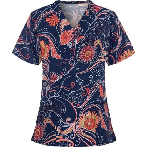 Retro Floral Graphic Nurse Uniform Womens Short Sleeve V-Neck T-Shirt With Pocket Health Care Workers Working Scrub Tops A40