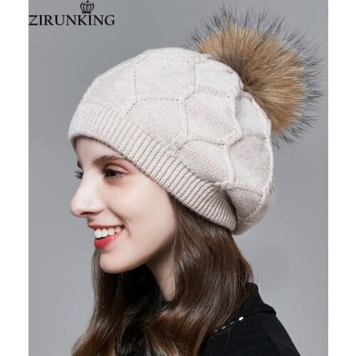 ZIRUNKING Women Winte Hats with Pompom Warm Wool Beanies With Real Raccoon Fur Roll Caps All Colors Female Fashion Hat ZH1715