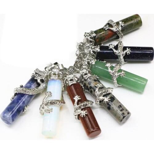 Trendy Women Charms Pendant Dragon Winding Natural Stone Sandstone Opal Dalmation Unakite 15x49mm Jewelry Making Findings B3303