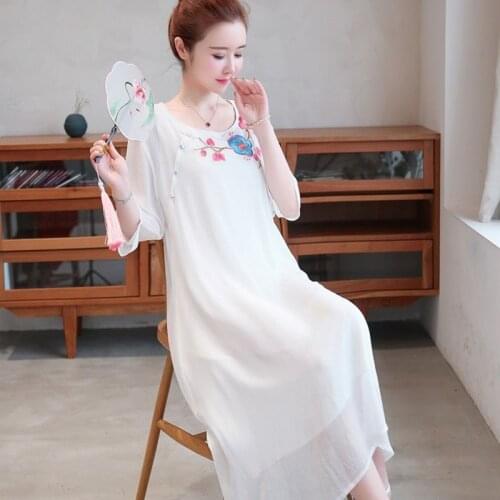 Ethnic Style WomenS Floral Cotton Linen Dress Retro Stand Collar Embroidery Loose Long Women Summer Dress 2021 Plus Size 12301