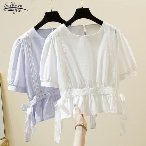 Plus Size Women Clothing 4XL Simple Sold White Blouse with Lace Loose Shirt Ladies Tops Summer Puff Sleeve O-neck Blouses 14838