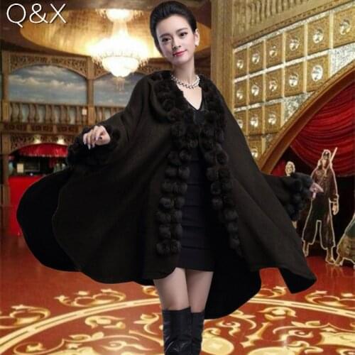 Womens Black Capes Poncho 2018 Winter Rabbit Fur Ball Shawl Oversized Knitted Sweater Italian Long Cashmere Cardigan Coat