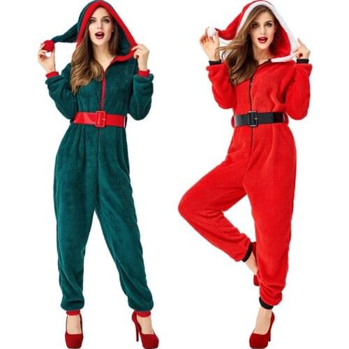 Women Female Bodysuits Pajamas Winter Christmas New Year Costumes Gift Santa Claus Clothing Red Green Warm Sleepwear Suit