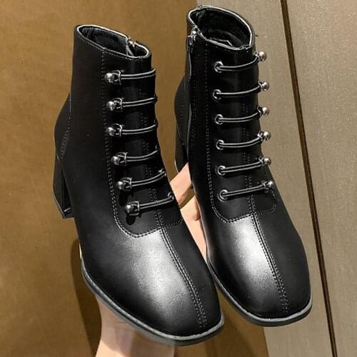 New 2021 Autumn Winter Modern Boots Fashion Square Med Heels Zipper Shoes British Style Ladies Ankle Short Boots For Woman