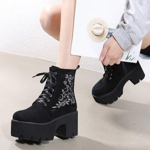 Ladies Sexy Ankle Boots High Heel 8cm Gothic Floral Embroidered Ziper Black Platform Shoes Zapatos De Mujer