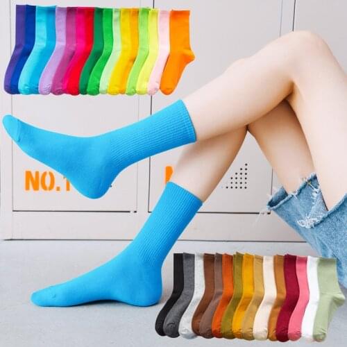 2021 Hot Japanese Korea Socks For Women Breathable Sports Sock Solid color Double Needles Knitting Cotton Women Socks