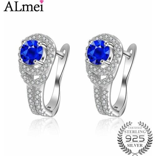 Almei Luxury AAAA Blue Round Cubic Zirconia Crystal Stud Earrings for Women 925 Sterling Silver Jewelry Gift with Box 40% EH010