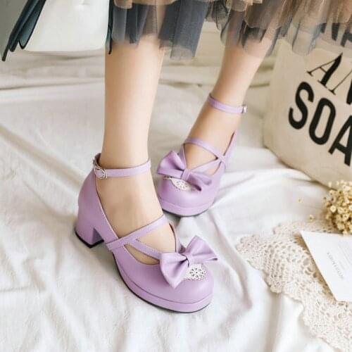 Sianie Tianie Japanese korean cute girls shoes purple pink ladies dance party shoes chunky middle heels women mary janes pumps