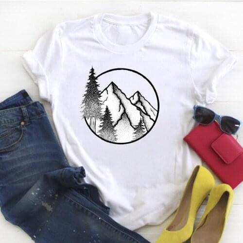 Women Mountain Forest Camping Print Short Sleeve Tshirt Summer T Tee Female Top Shirt Clothes Tshirt Womens Graphic T-shirt