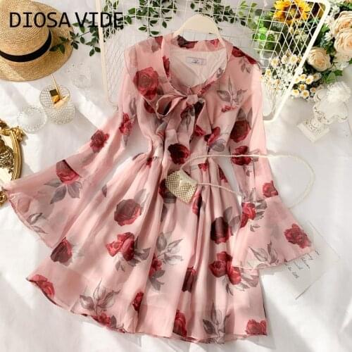 DIOSA VIDE sweet lace ruffle collar chiffon dress super fairy temperament trumpet sleeve rose first love dress