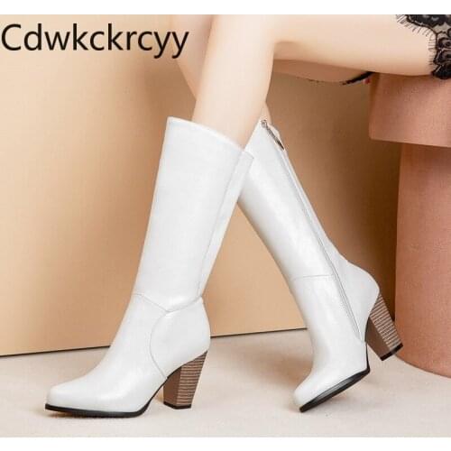 Winter The New fashion Pointed Thick heel Middle tube Knight boots white Sexy Plus velvet Keep warm High heel Women boots 34-48