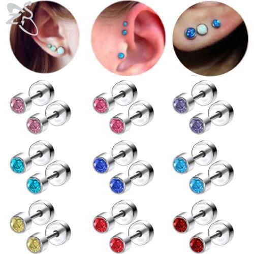ZS 12pcs/set Round Crystal Stud Earrings for Woman Girls Stainless Steel Ear Studs Conch Tragus Helix Piercing Cartilage Earring