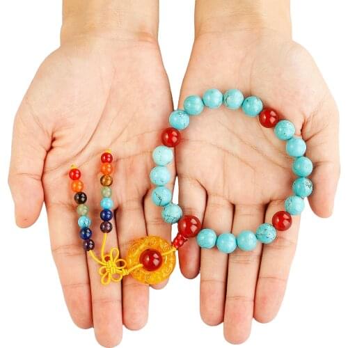 21 Stone Mala Bracelets for Women Men, 7 Chakra Crystal Lucky Coin Amulet Tassel Stretch Wristband, 7.8" Strand