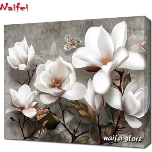 5d Diy Diamond Painting Flowers Picture Of Rhinestones Beads Embroidery White Magnolia Diamond Mosaic Full Layout Kits
