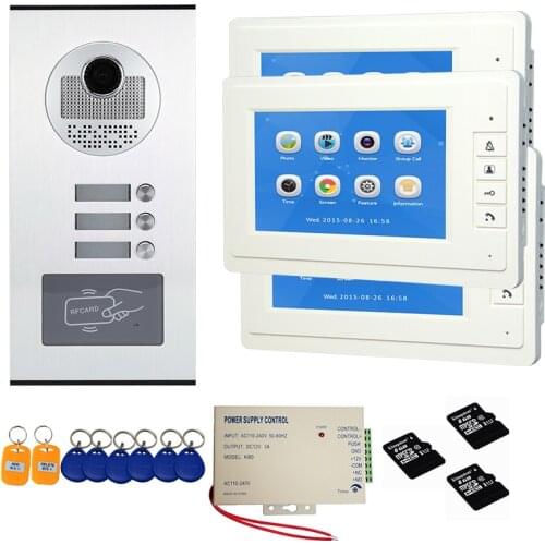 7 Inch Door Intercom Multi-apartment System Video Doorbell Door Phone RFID Keyfob Kits for 3 Unit apartments IR Night Waterproof