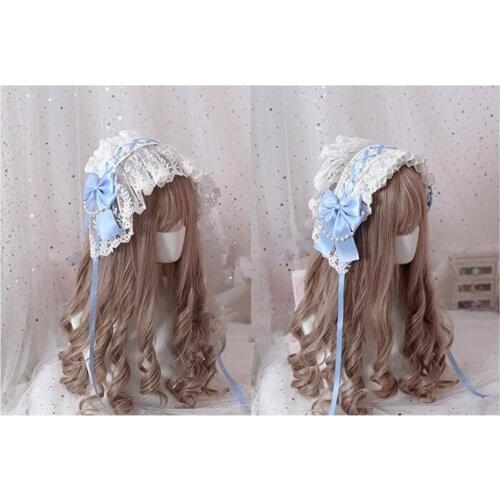 Annies breakfast Cosplay Sweet Lolita Handmade Lolita Bonnet Lace Bowknot Pearl Chain Princess Womens Retro Headwear B852