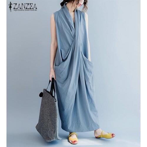 ZANZEA Oversize Asymmetrical Maxi Dress Summer 2021 Womens Sundress Female V Neck Vestidos Female Baggy Party Dress Robe Femme