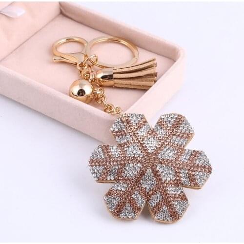 Snow Flower Keychain Cute Gold Color Pendant Key Holder Cover Cap Women Gift Leather Tassel Porte Clef Key Chain