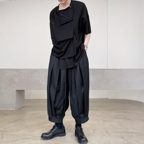 Large size early autumn personalized pleated lace up low crotch cross pants trendy mens dark loose wide leg Harlan Capris