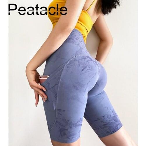 Peatacle Nude Quick Dry Biker Shorts Running Fitness Tights Tie Dye Yoga Workout Women High Waist with Pockets