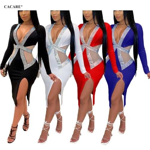 CACARE 2020 Sexy Dress Summer Women Bodycon Dress Party Night Club Sexi F0221 Long Sleeve Deep V Neck Split Hem Rhinestones