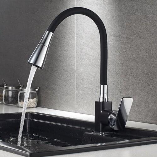 Black Kitchen Sink Faucets Hot & Cold Solid Brass 360 Degree Rotating Mixer Tap Dual Mode Effluent Single Handle Deck Mounted