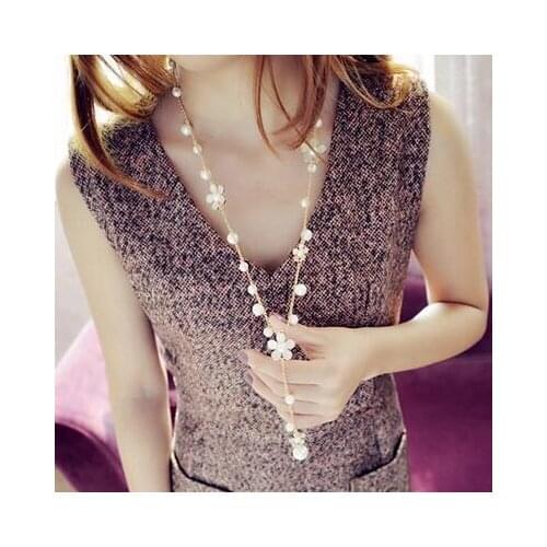 Flower Long Necklace for Women Fashion Simulated Pearl Jewelry Tassel Perlas Necklaces & Pendants Bijoux Femme Perle