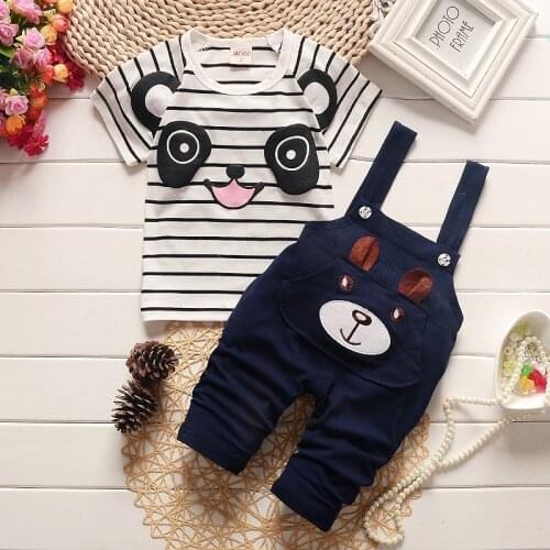 BibiCola boys clothing set kids summer panda cartoon children leisure bib clothes sets for kids suit Striped shirt cuts outfits