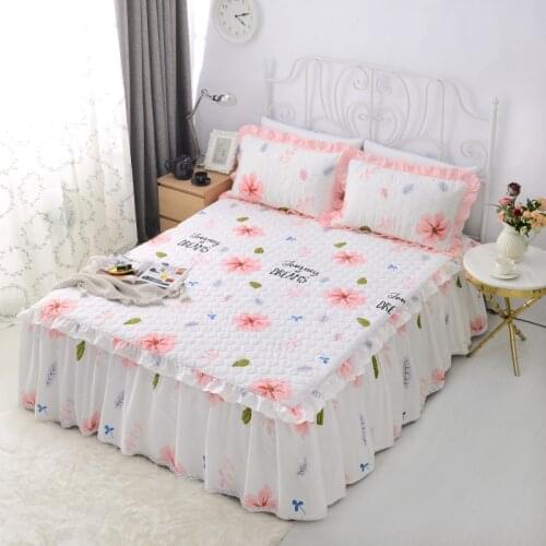 2020 Pink flowers Quilting Bedskirt Print Cotton Stitching Bedlinens Coverlet 3pcs Bedspread Set Pillowcases