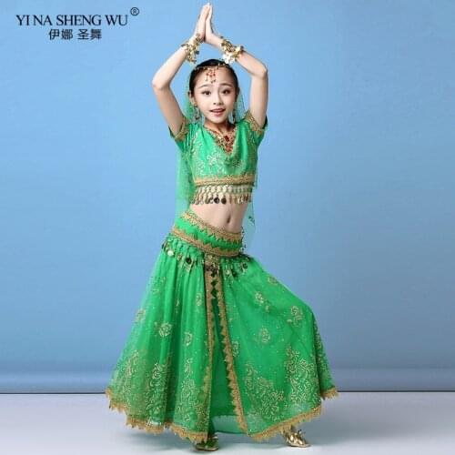 New Kids Girls Belly Dance Indian Dance Costume Set Sari Bollywood Children Outfit Chiffon Belly Dance Performance Clothes Sets
