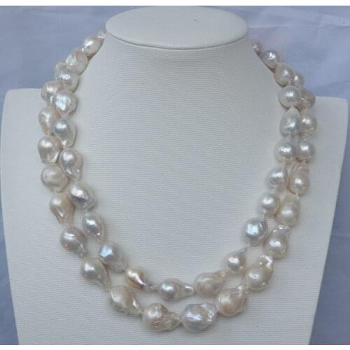 Beautiful 2strds natural Nucleated Flameball Baroque Pearl necklace-mabe clasp