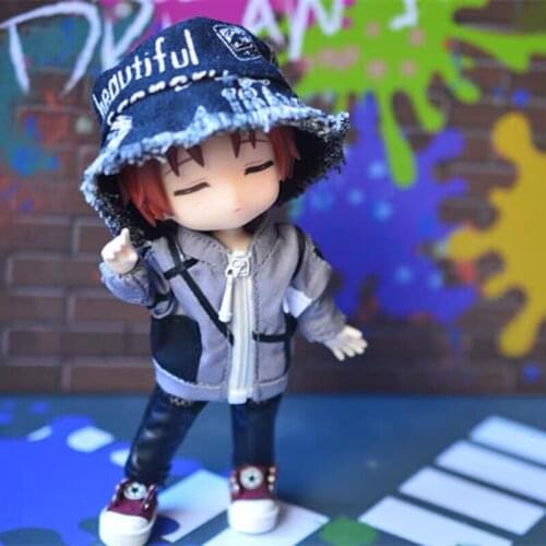 OB11 doll outfit fits in a 1/12 size zipper jacket with black skinny pants and graffiti hat with fisherman hat