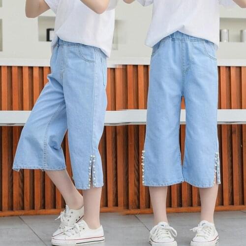 Summer Jeans Wide Leg Pants For Girl Pearls Kids Girl Jeans Casual Style Jeans Kid Summer Childrens Clothing 6 8 10 12 14