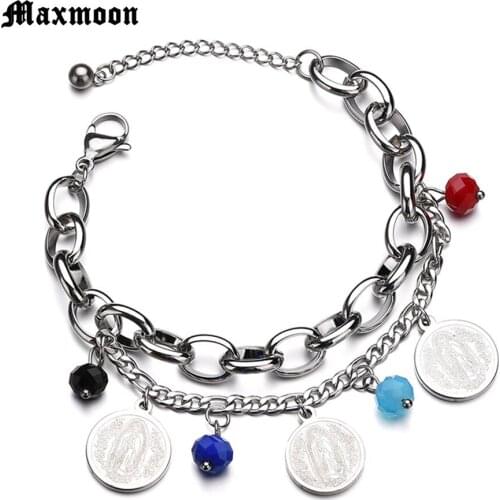 Maxmoon Silver Color Cross Beaded Bracelet Religion Virgin Mary Pendant Stainless Steel Rosary Cross Stretch Strand Bracelet