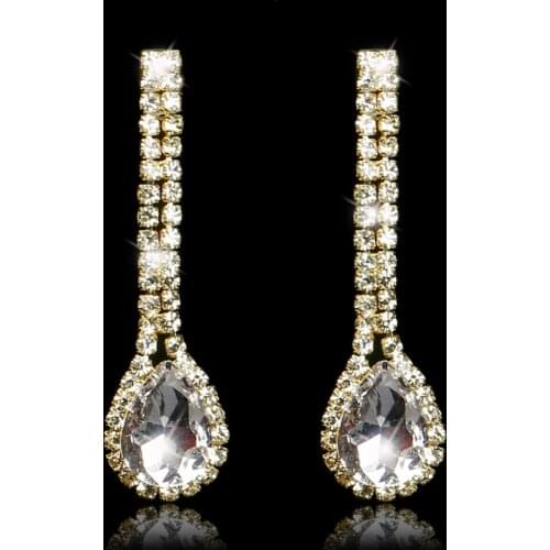 Fashion Bridal Teardrop Design Long Earrings Shiny Gold Color Rhinestone Crystal Dangle Earrings For Women Wedding Jewelry