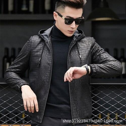 New leather leather jacket mens sheepskin printed crocodile pattern hooded jacket casual trendy motorcycle jacket