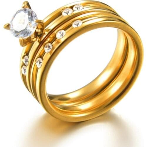 High Quality Simple Design 316 Stainless Steel Mens Rings Lover Couple Rings Gold Crystal Wedding Band Rings Set for Women Men