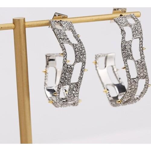 Gold and silver double color geometric hollow out set diamond wide C word new tide earrings