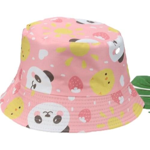 Bucket hat cartoon panda print cotton summer hats men women flat top wide brim pink green sun women hats 2021 new gorro pescador