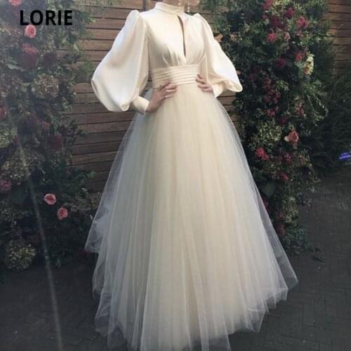 LORIE Princess Evening Dresses Soft Satin Tulle Prom Party Gowns Plus Size 2021 Long Puff Sleeve High Neck Formal Evening Gowns