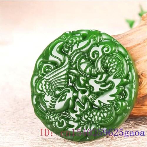 Green Jade Dragon Phoenix Pendant Chinese Gifts Fashion Carved Jewelry Men Natural Women Necklace Charm Jadeite Amulet