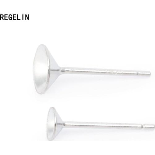 REGELIN 925 Sterling Silver Earrings Settings 4/6mm Blank Round Base Cabochon Stud Ear Bowl Base Posts Pure Silver Earring
