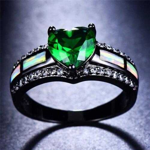 Luxury Female Green Heart Engagement Ring Vintage Black Gold Wedding Rings For Women Promise White Fire Opal Stone Ring