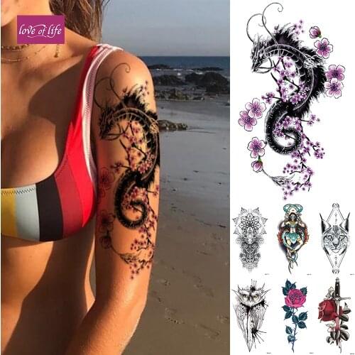 Dragon Temporary Tattoo Sticker Lotus Rose Lace Flowers Flash Waterproof Tattoos Snake Body Art Arm Fake Tatoo Women Men