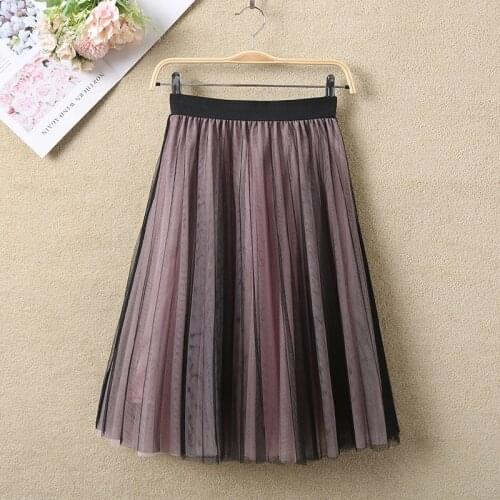TingYiLi Vintage Black Pink Contrast Women Pleated Skirt Korean Style Spring Summer Tulle Skirt Knee Length A-line Skirt 4 Layer