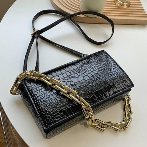 Flap Underarm Baguette Shoulder Bag Women 2021 Crocodile Pattern Design Thick Chain PU Leather Crossbody Bag Lady Handbag Purse