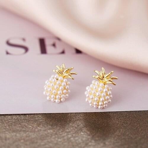 Summer Beach Trendy Simulated Pearl Fruit Stud Earrings for Women Girls Sweet Gold Pineapple Ear Studs Earings Jewelry Gifts