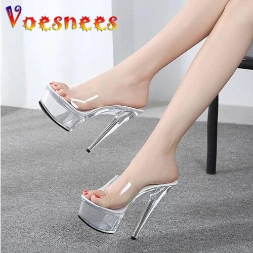Shoes Women 2019 Summer Female Model T Show Sexy Crystal Shoes 15cm High-heeled Transparent Waterproof Terrace Slippers V2526