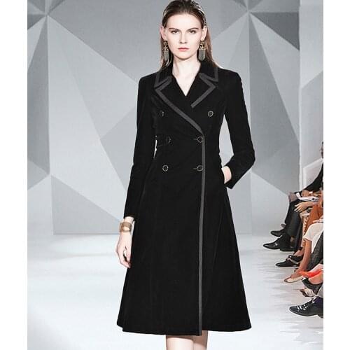 2021 Autumn Winter Elegant Velvet Trench Coat Women Midi Notched Outwear Office Lady Overcoat Slim Black Cardigan Trench M79092