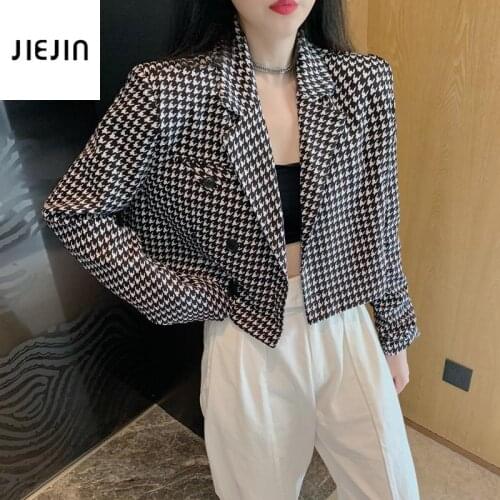 Fashion Retro Houndstooth Blazers Women Crop Top Loose Double-breasted Korean Style Elegant Chic Autumn Blazer Jacket OL Coat